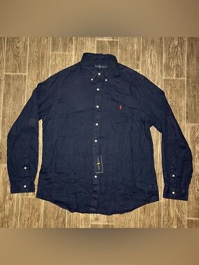 Polo Ralph Lauren 100% Linen Men’s 2XL Slim Fit Button Shirt Navy Blue NEW